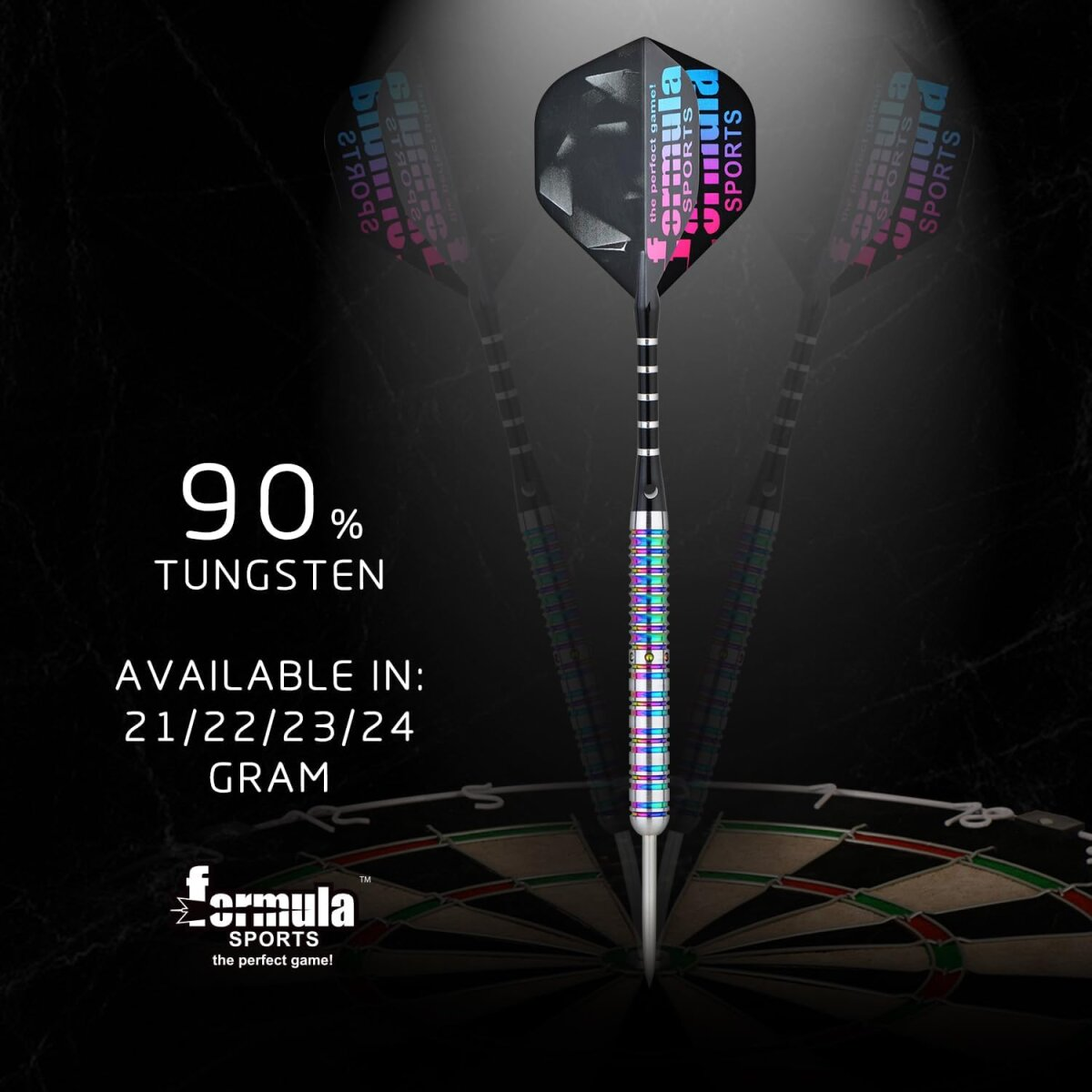 A dart in front of a dartboard. The dart is black and has colorful details. Text says 90% Tungsten and available in 21/22/23/24 gram.