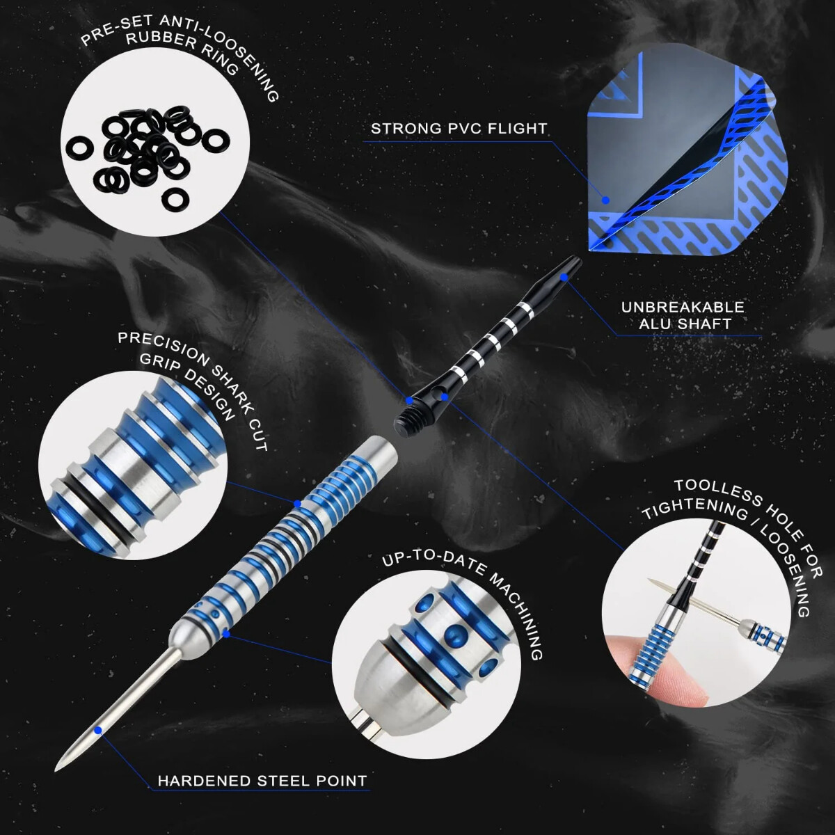 Image shows dart components: rubber rings, flight, shaft, grip, and point. Text highlights features like precision grip and hardened point.