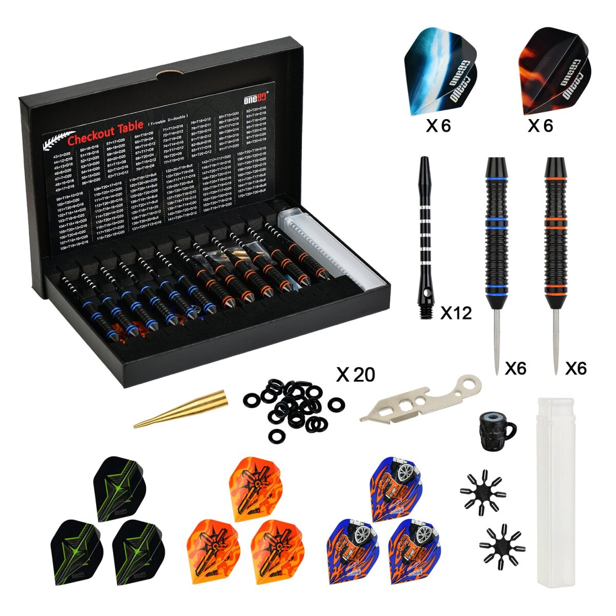 Ein Dartset mit Darts, Flights, Zubehör und einer Checkout-Tabelle. Verschiedene Farben und Designs sind sichtbar.