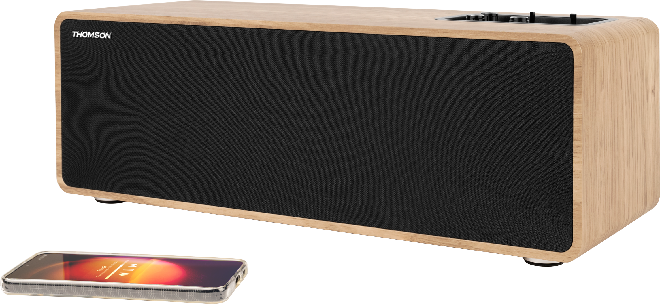 Drewniany głośnik z czarnym siatkowym przodem, smartfon z interfejsem muzycznym z przodu.