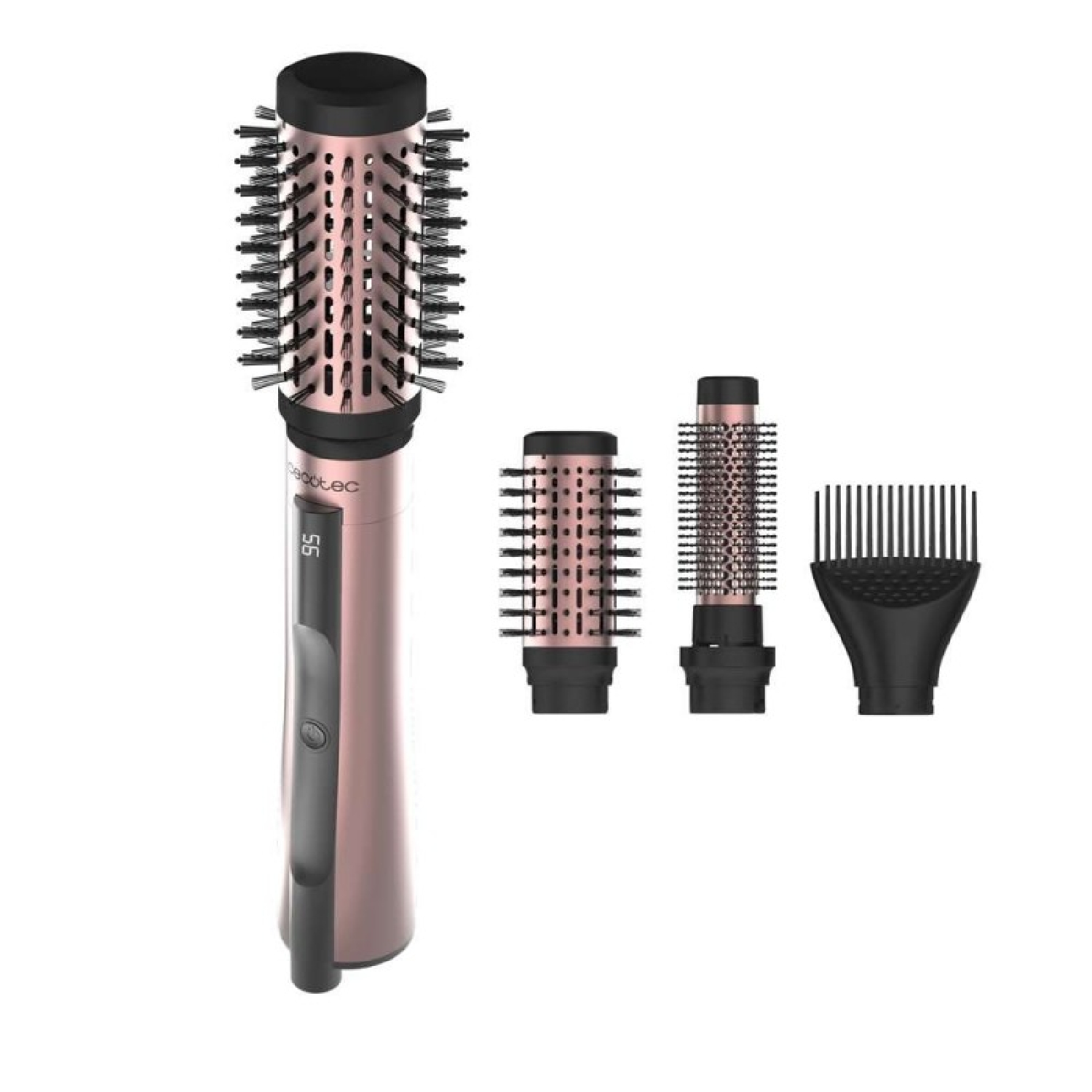Uno strumento per lo styling dei capelli color oro rosa con più accessori: una grande spazzola, due spazzole più piccole e un pettine nero.