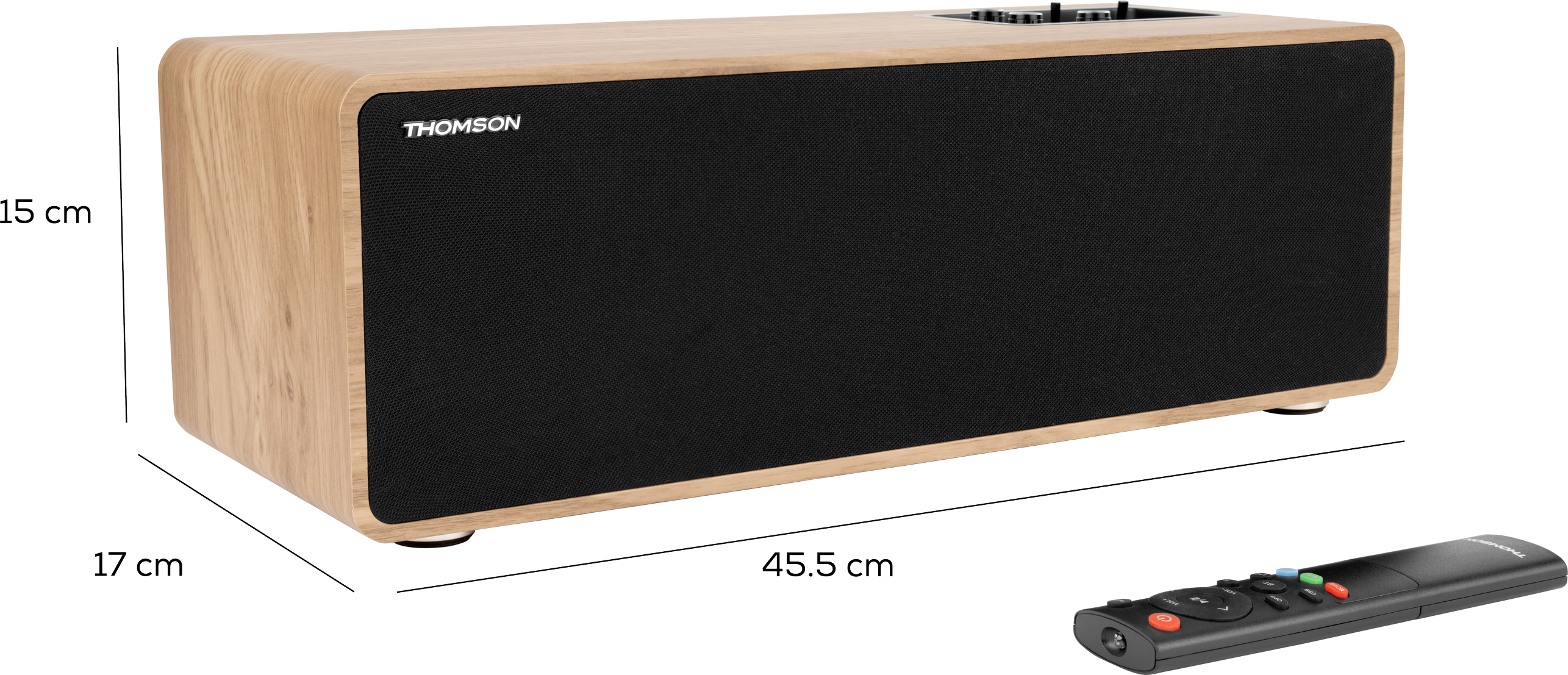 Prostokątny drewniany głośnik z czarnym siatkowym przodem. Obok znajduje się pilot.