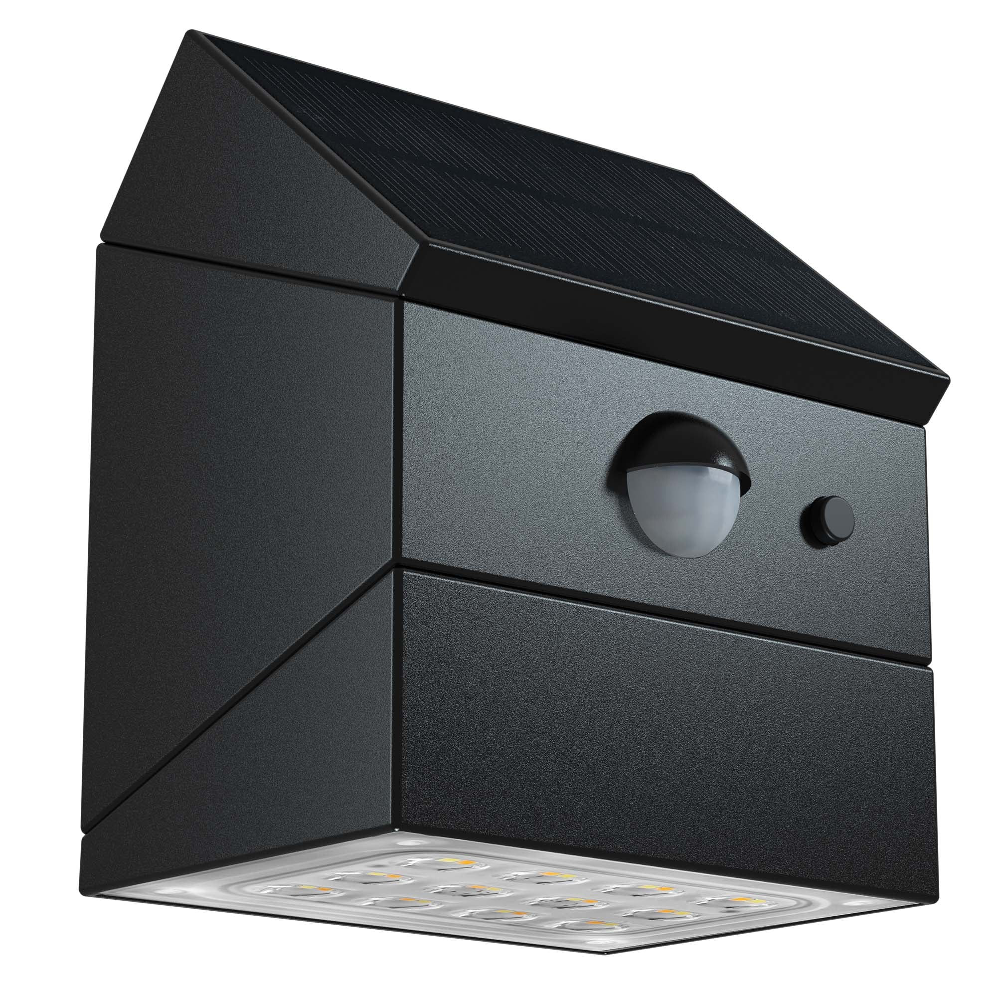 Eine schwarze solarbetriebene Außenleuchte mit Bewegungssensor und LED-Leuchten unten.