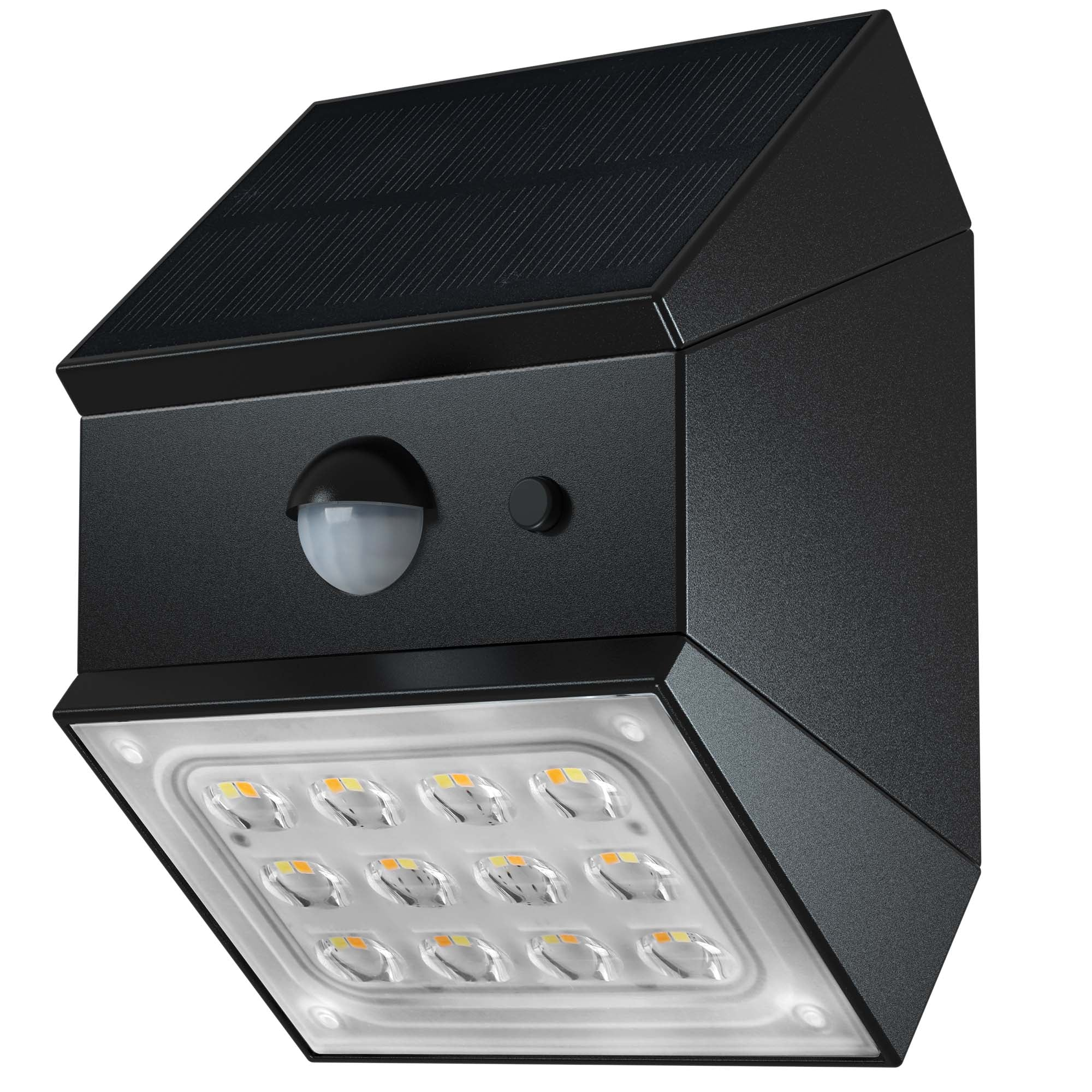 Eine schwarze solarbetriebene Außenleuchte mit Bewegungssensor und mehreren LED-Leuchten, montiert auf weißem Hintergrund.
