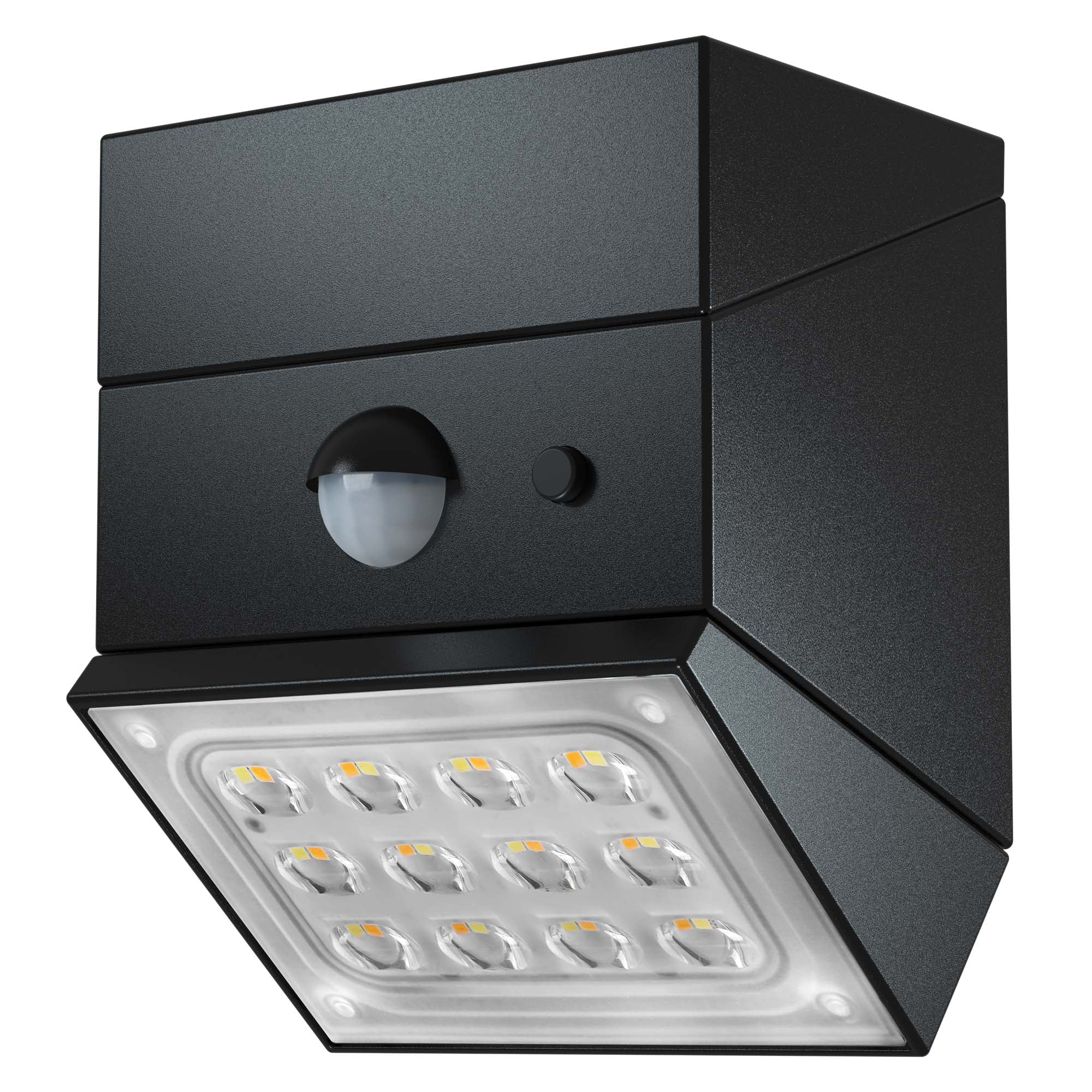 Schwarze LED-Außenleuchte mit Bewegungsmelder. Es hat eine Tafel mit hellen LEDs und eine dunkle Oberfläche.