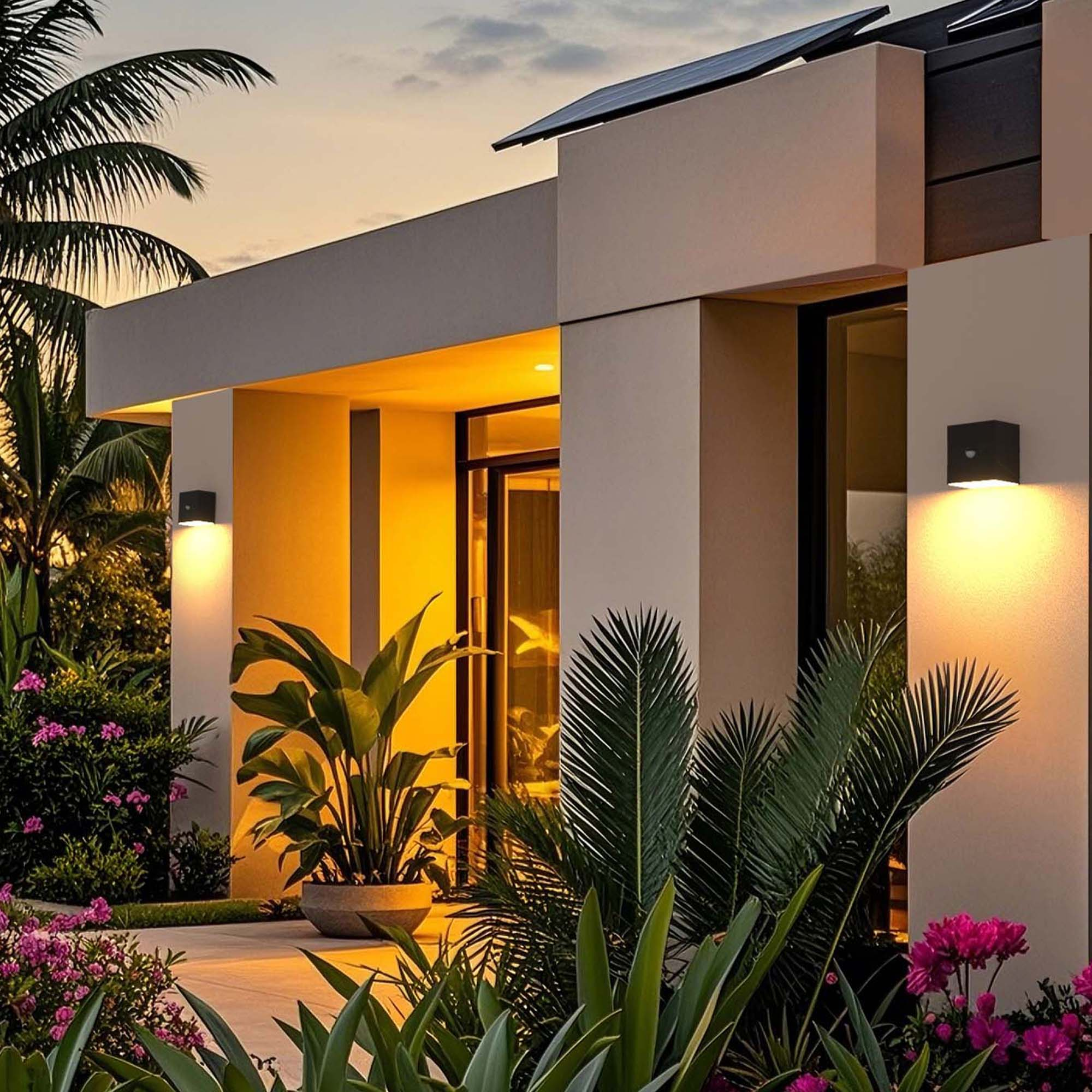 Modernes Haus von außen bei Sonnenuntergang. Palmen, Pflanzen und Lichter beleuchten die Fassade und schaffen eine warme Atmosphäre.