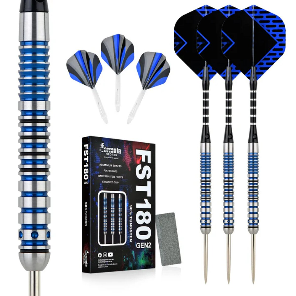 Dart set with black, blue, and silver components. Includes darts, flights, a box, and a sharpening stone. White background.