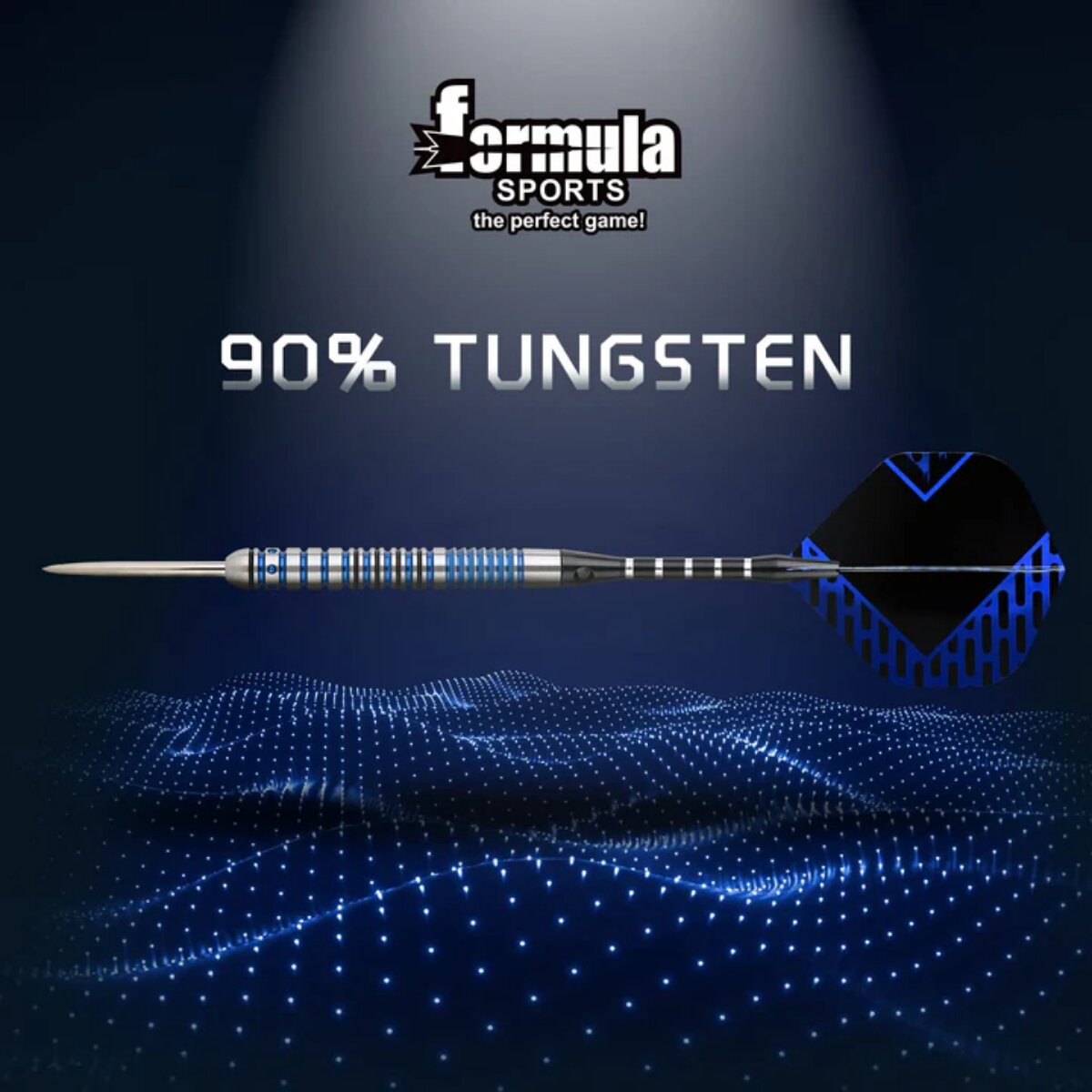 A dart with a black and blue flight, silver body, and the text '90% Tungsten'. The background is dark blue with a logo.
