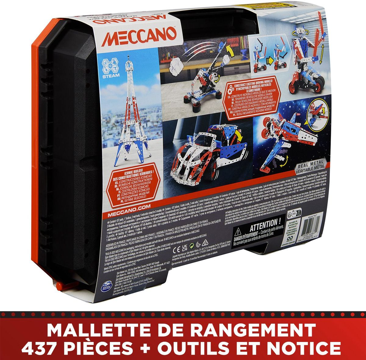 Meccano-Set-Box. Zeigt Modelle des Eiffelturms, Autos und Roboters. Rote, blaue, schwarze und silberne Farben.