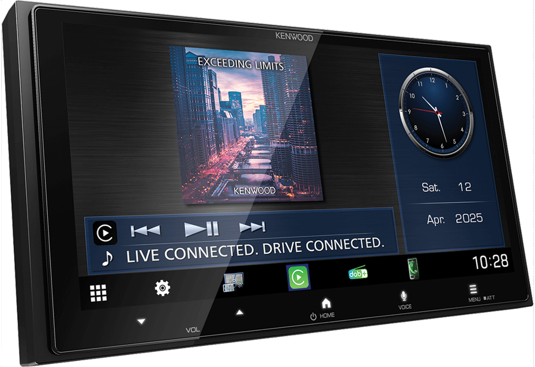 Kenwood Auto-Multimedia-System. Zeigt ein Stadtbild, eine Uhr und Wiedergabesteuerung an. Die Uhrzeit ist 10:28. Datum ist 12. April 2025.