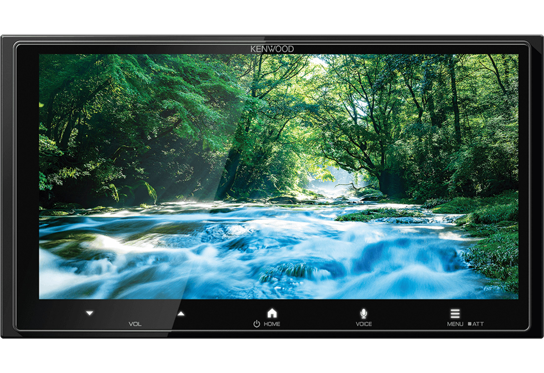 Kenwood Autoradio-Bildschirm zeigt eine fließende Flussszene in einem Wald. Tasten für Lautstärke, Home, Voice und Menü sind sichtbar.