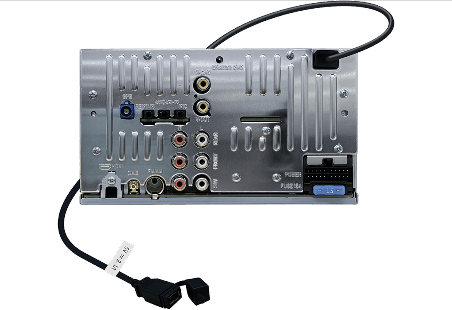 Rückansicht eines Autoradios. Es hat mehrere Anschlüsse, einen Stromeingang und ein USB-Kabel. Das Radio ist silberfarben, mit schwarzen Kabeln.