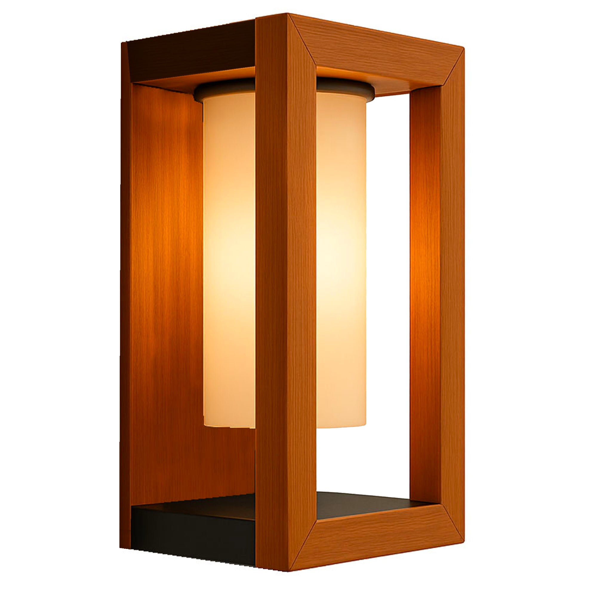 Eine rechteckige Holzlampe mit leuchtendem Licht im Inneren. Der Rahmen ist braun, das Licht weiß.