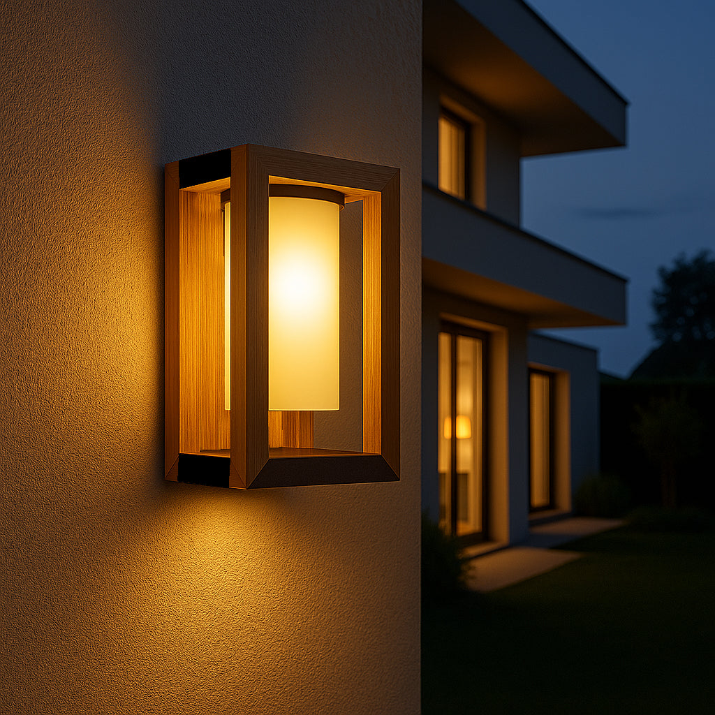 Eine beleuchtete Außenlampe aus Holz ist an einer strukturierten Wand befestigt. Im Hintergrund ein Haus, Nachtszene.