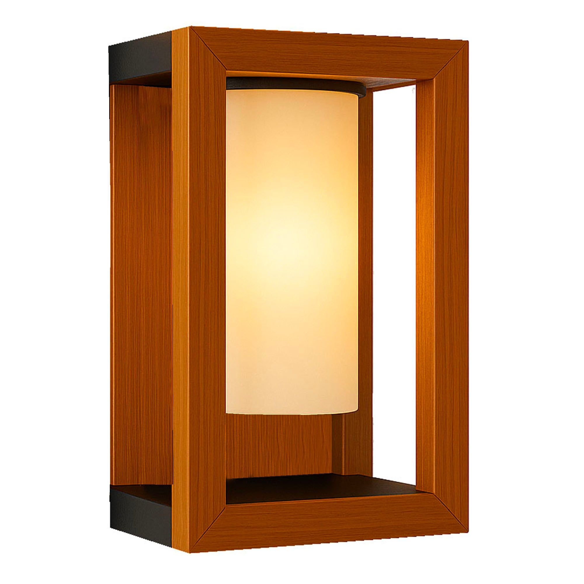 Wandlampe mit Holzrahmen und zylindrischer Lichtquelle. Der Rahmen ist braun, das Licht weiß.