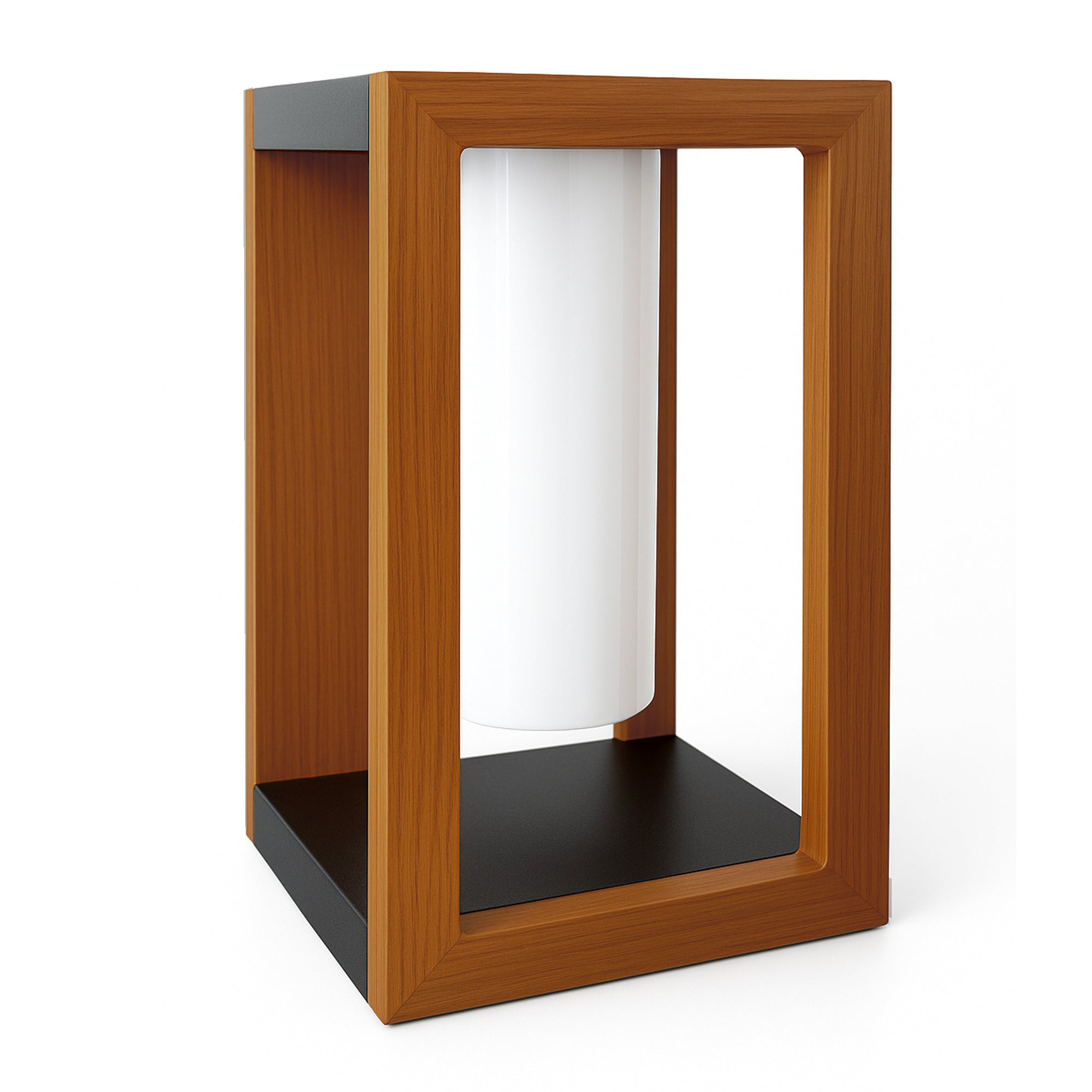 Eine moderne Holzlampe mit weißem, zylindrischem Schirm. Der Sockel und die Oberseite sind schwarz.