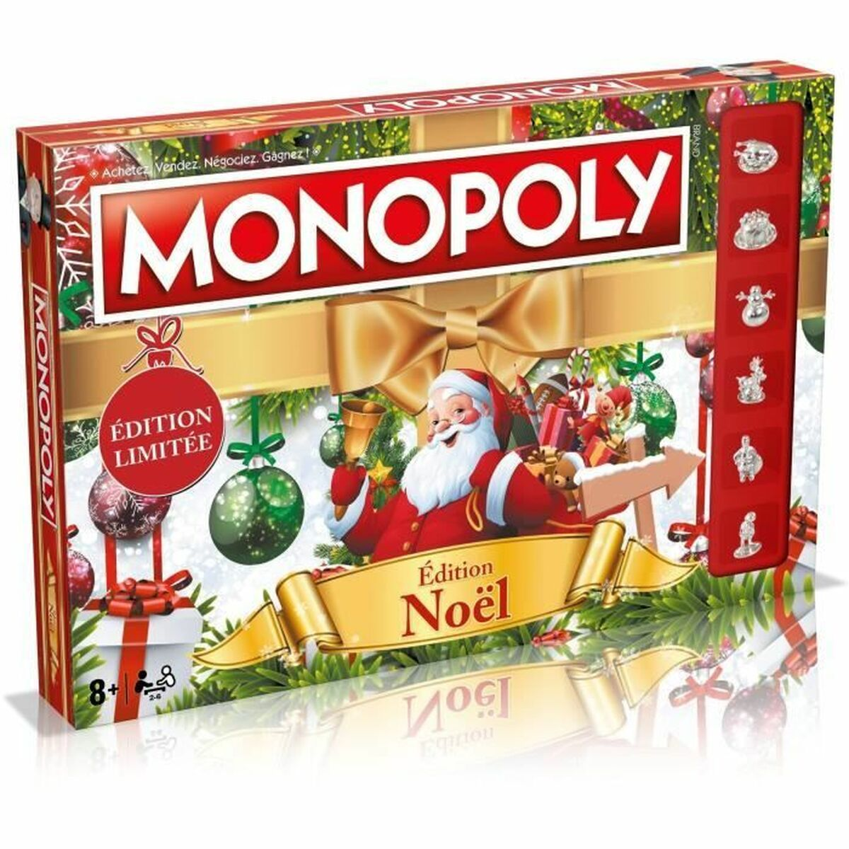 Caja de la edición navideña de Monopoly. Papá Noel con una campana, regalos y adornos. Los colores rojo y dorado dominan el diseño.
