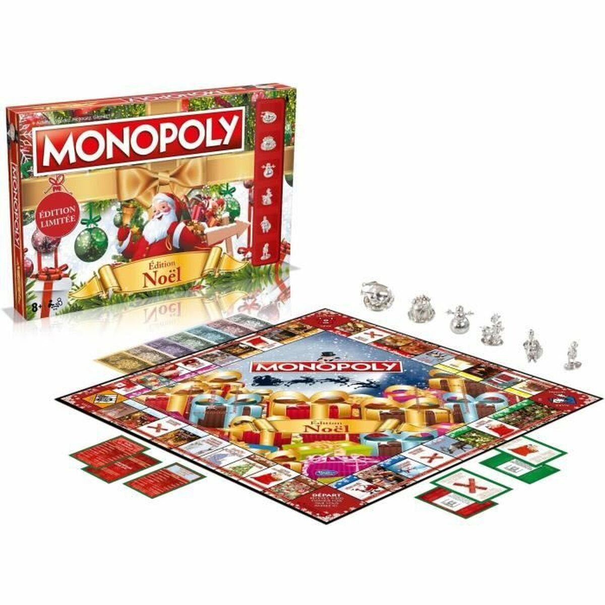 Un juego de edición navideña de Monopoly. La caja muestra a Santa, el juego de mesa enfocado con cartas y piezas del juego sobre fondo blanco.