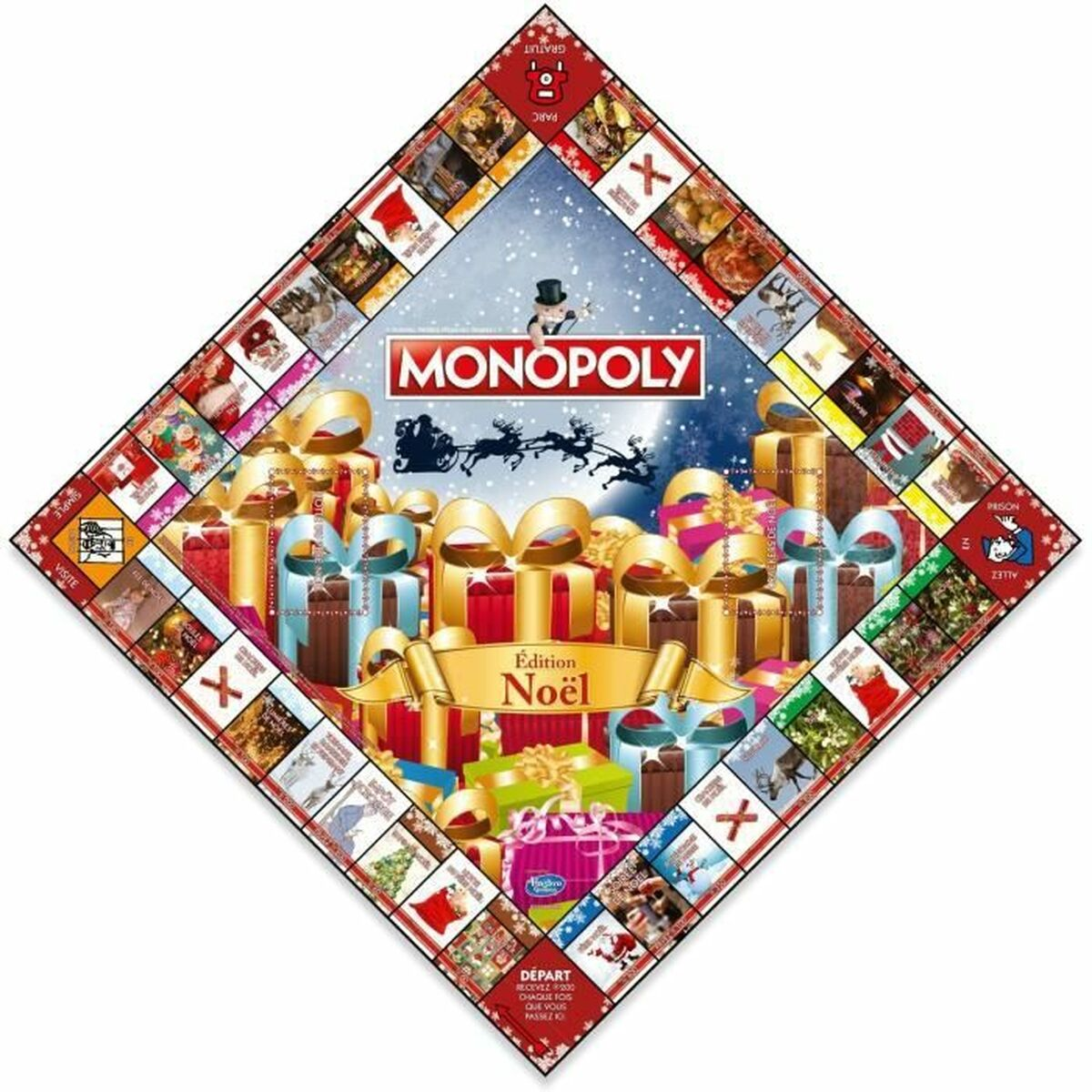 Juego de mesa Monopoly edición Navidad. Regalos, trineo de Papá Noel y fondo nevado. Rodeado de casillas.
