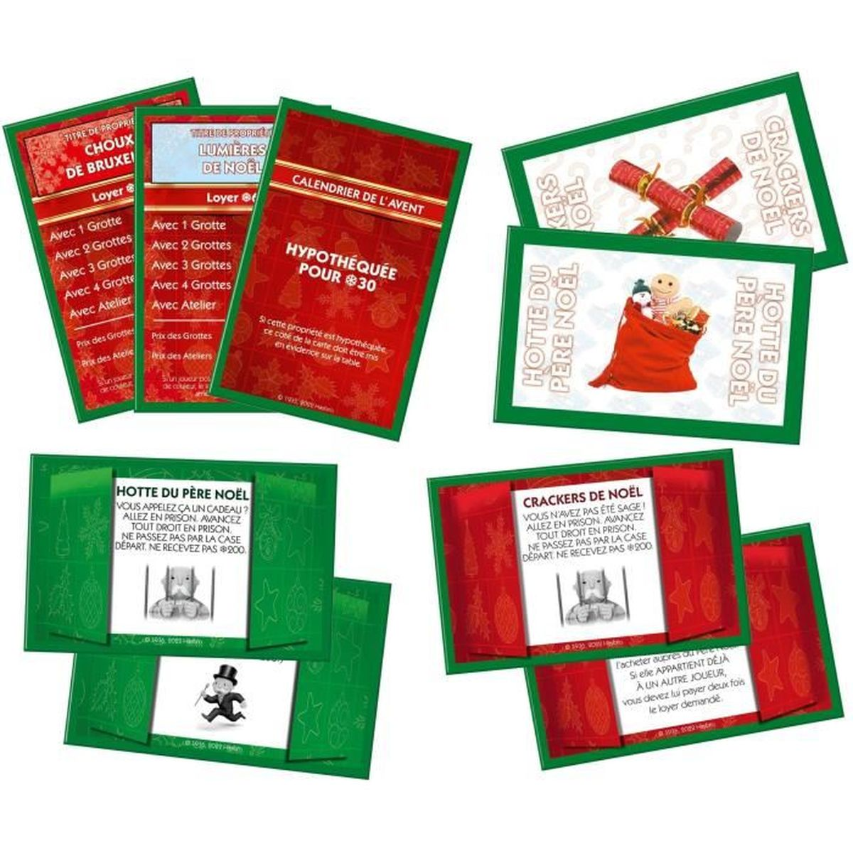 Un juego con cartas con temática navideña. Las cartas tienen texto e imágenes, incluyendo a Papá Noel, petardos y títulos de propiedad.