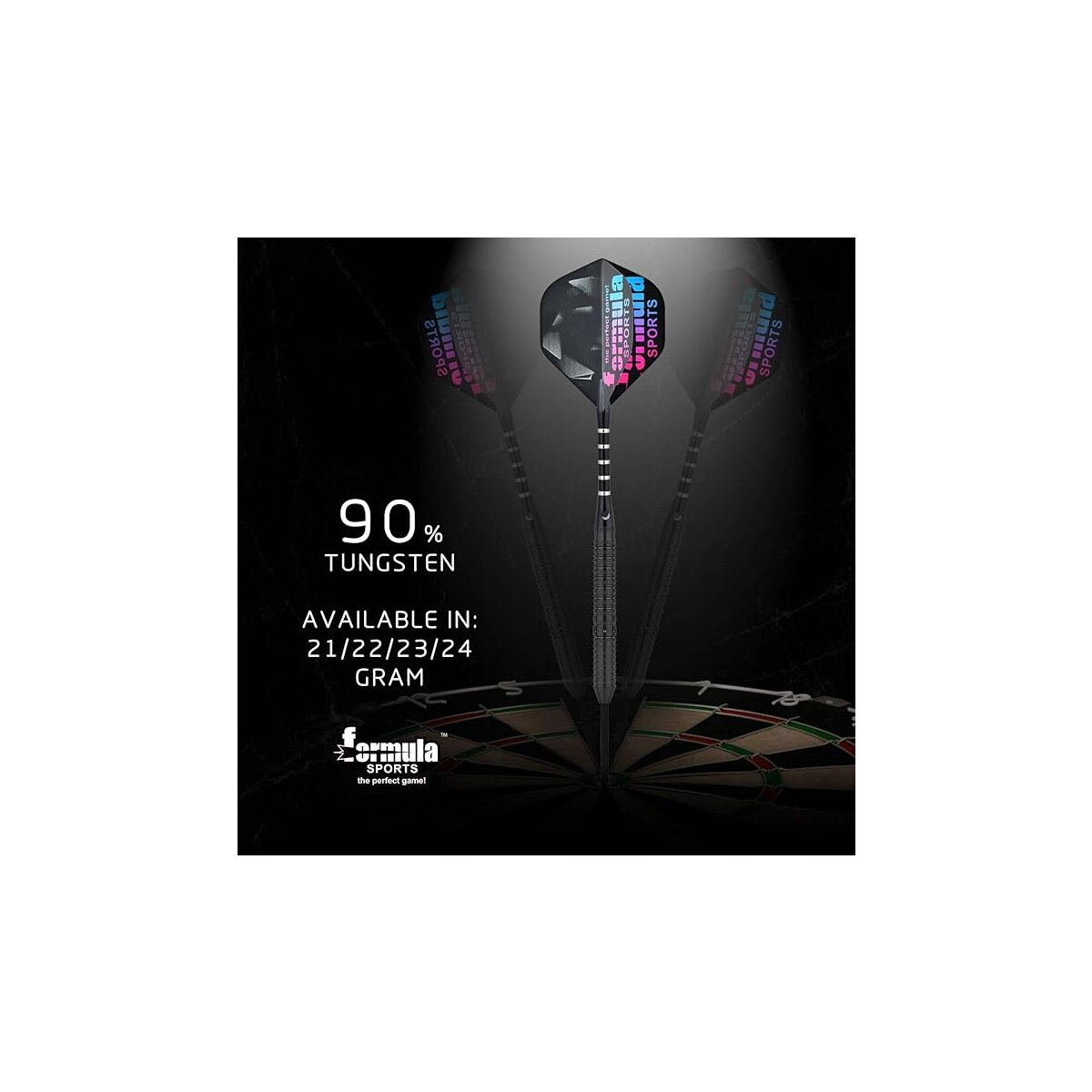 Three darts with black shafts and colorful flights are displayed against a dark background, with a dartboard visible at the bottom.