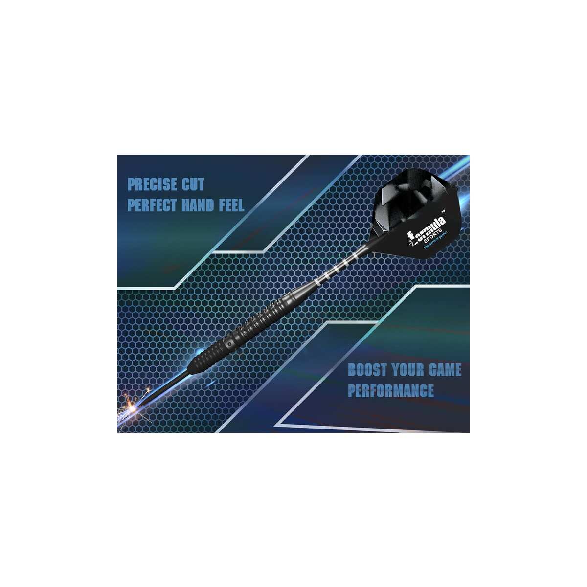 A dart with a black and silver body, a black head, and a blue and black background. Text reads "Precise Cut" and "Boost Your Game".