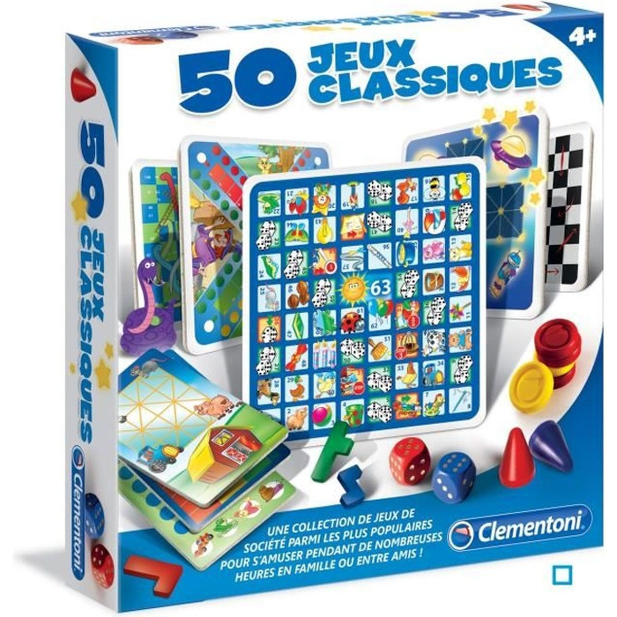Spel in doos met kaarten, dobbelstenen en speelstukken. De doos zegt '50 Jeux Classiques'. Bevat een paarse slang en rode, blauwe en gele elementen.