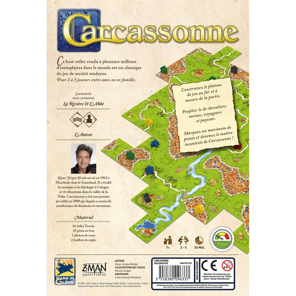 Carcassonne-Brettspielschachtel. Der Umschlag zeigt den Namen des Spiels, eine Beschreibung und Spielkomponenten.