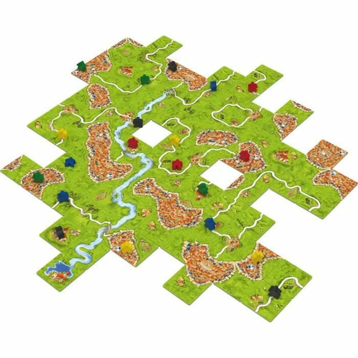Brettspiel mit grünen Feldern, braunen Straßen, einem blauen Fluss und bunten Holzfiguren. Es ist ein strategisches Tischspiel.