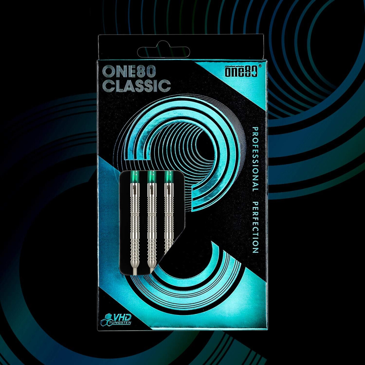 Eine Packung ONE80 Classic Darts. Die Box ist schwarz und türkis. Drei Darts sind mit grünen Spitzen sichtbar.