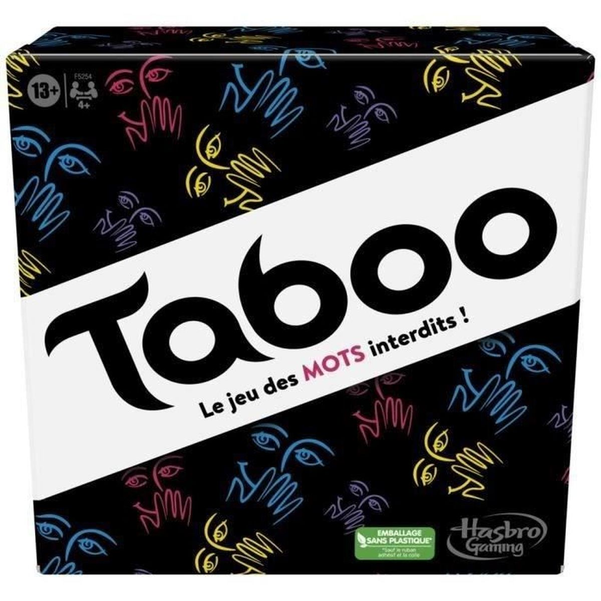 Taboo bordspeldoos. Zwarte achtergrond met kleurrijke gezichten en handen. Wit gedeelte met de titel 'Taboo'. Hasbro Gaming logo aanwezig.