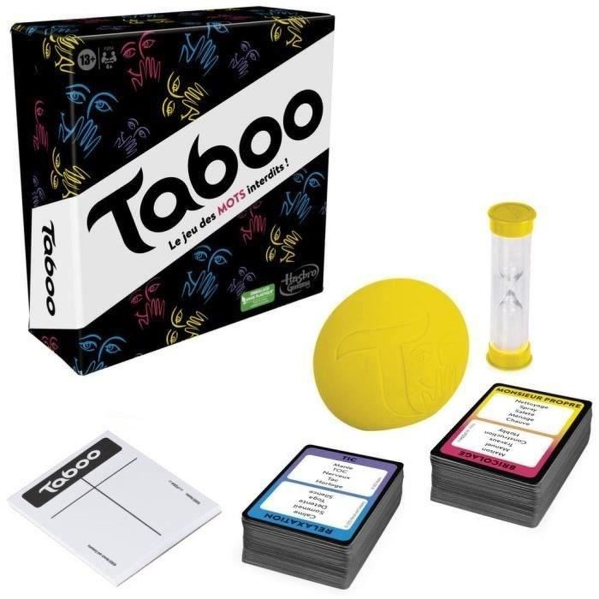 Taboo bordspel met doos, kaarten, timer en gele bal. De doos is zwart met de titel van het spel en verboden woorden.