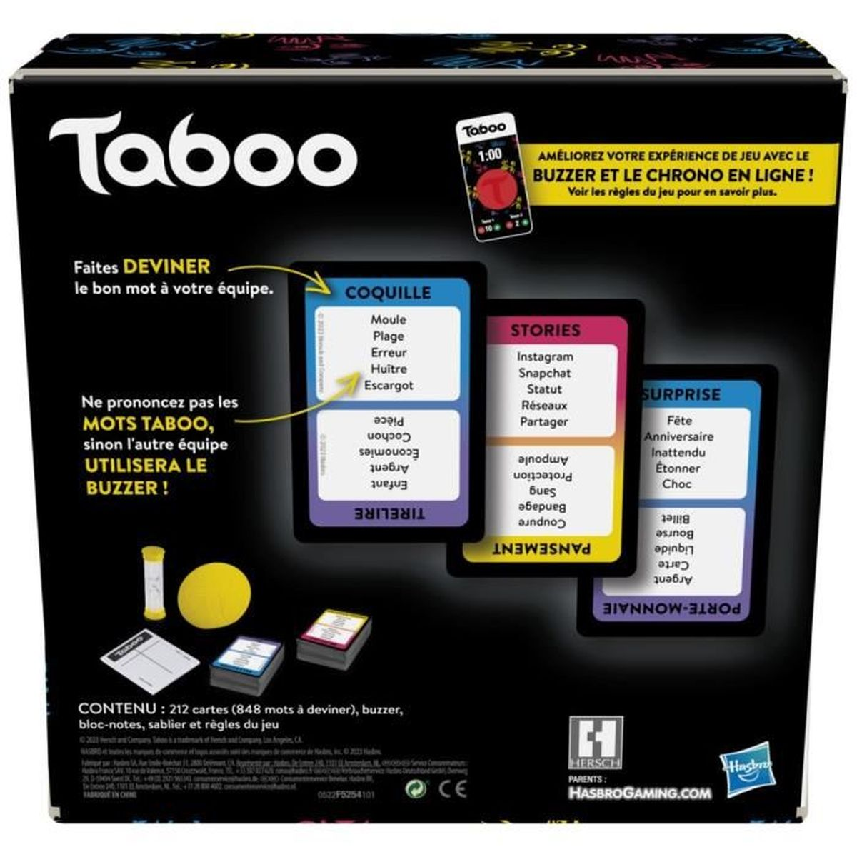 Taboo-speldoos. Kaarten met woorden, timer en zoemer. De doos heeft Franse tekst.