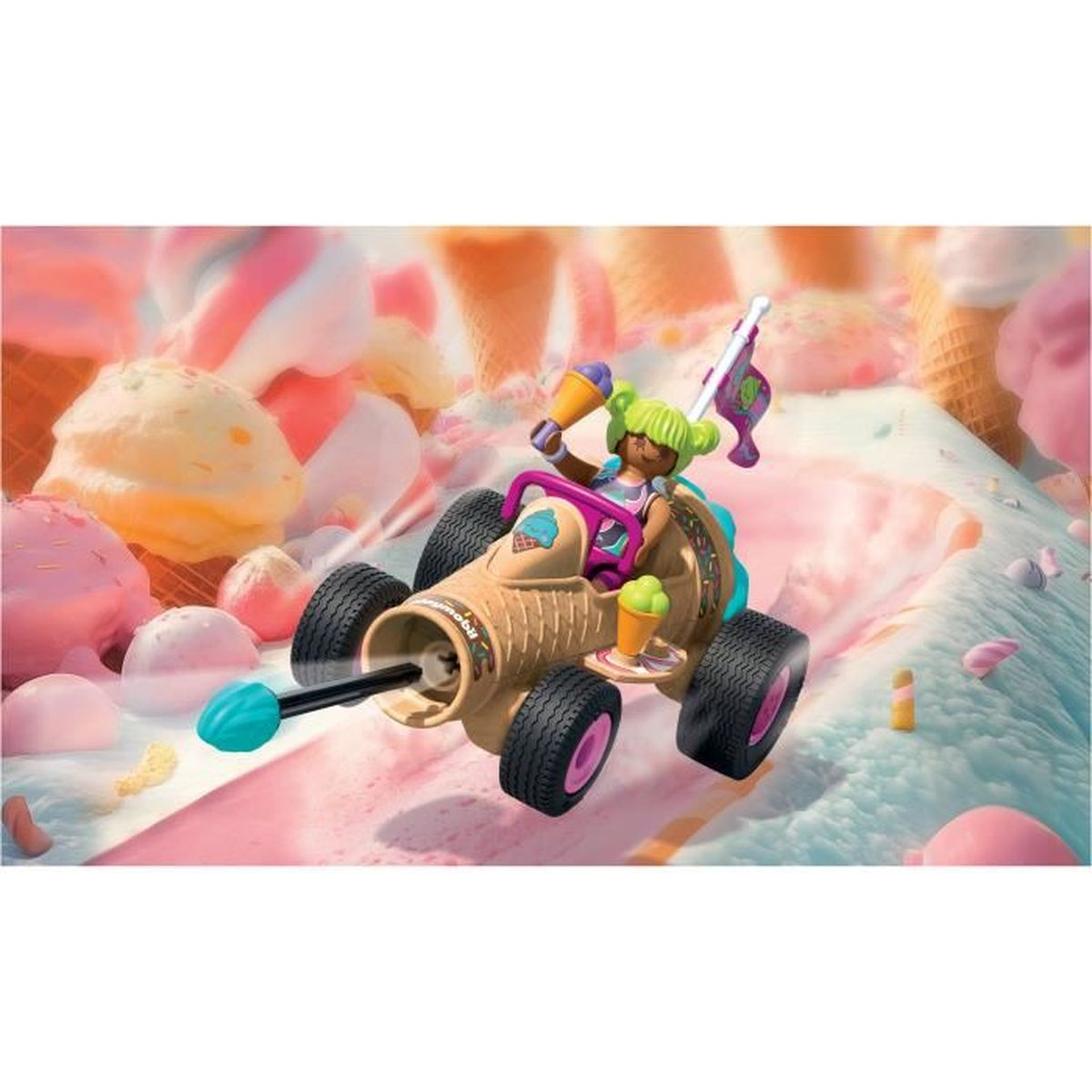 Ein Spielzeug-Eistüten-Auto mit einem Fahrer, der Eistüten hält, fährt durch eine Eislandschaft.
