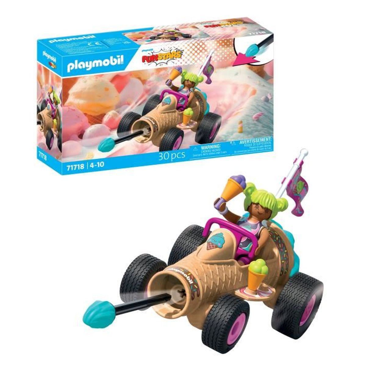 Ein Playmobil-Set mit einem Eiswagen-Spielzeug. Eine Figur mit grünen Haaren fährt. Die Schachtel befindet sich im Hintergrund.