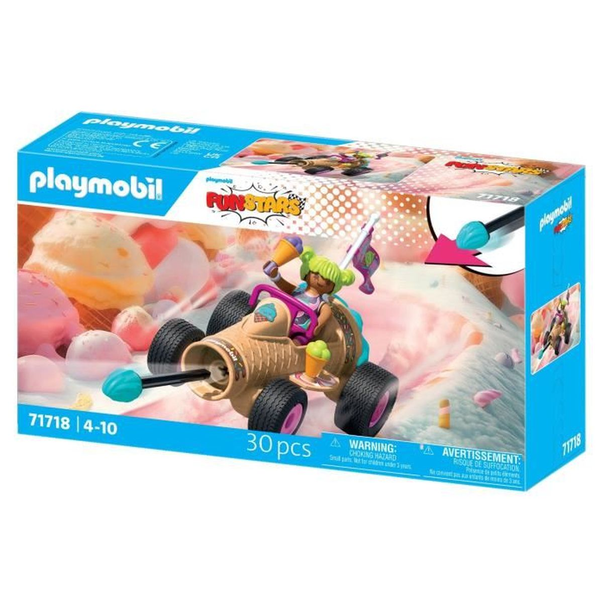 Playmobil FunStars-Box-Set. Enthält ein eiscremetütenförmiges Fahrzeug mit einer Figur, umgeben von Eiskugeln.