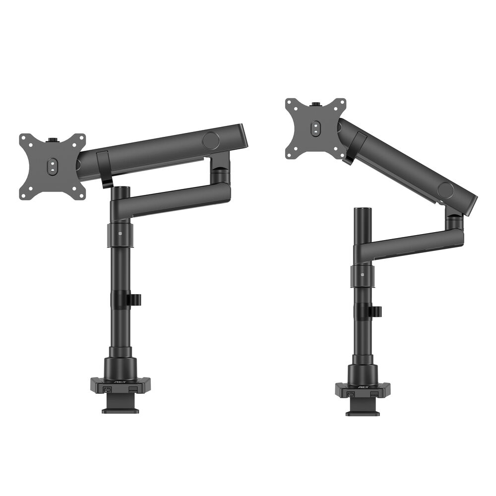 Deux bras de moniteur noirs, chacun avec une plaque de montage, des bras réglables et une base pour la fixation au bureau, sur fond blanc.