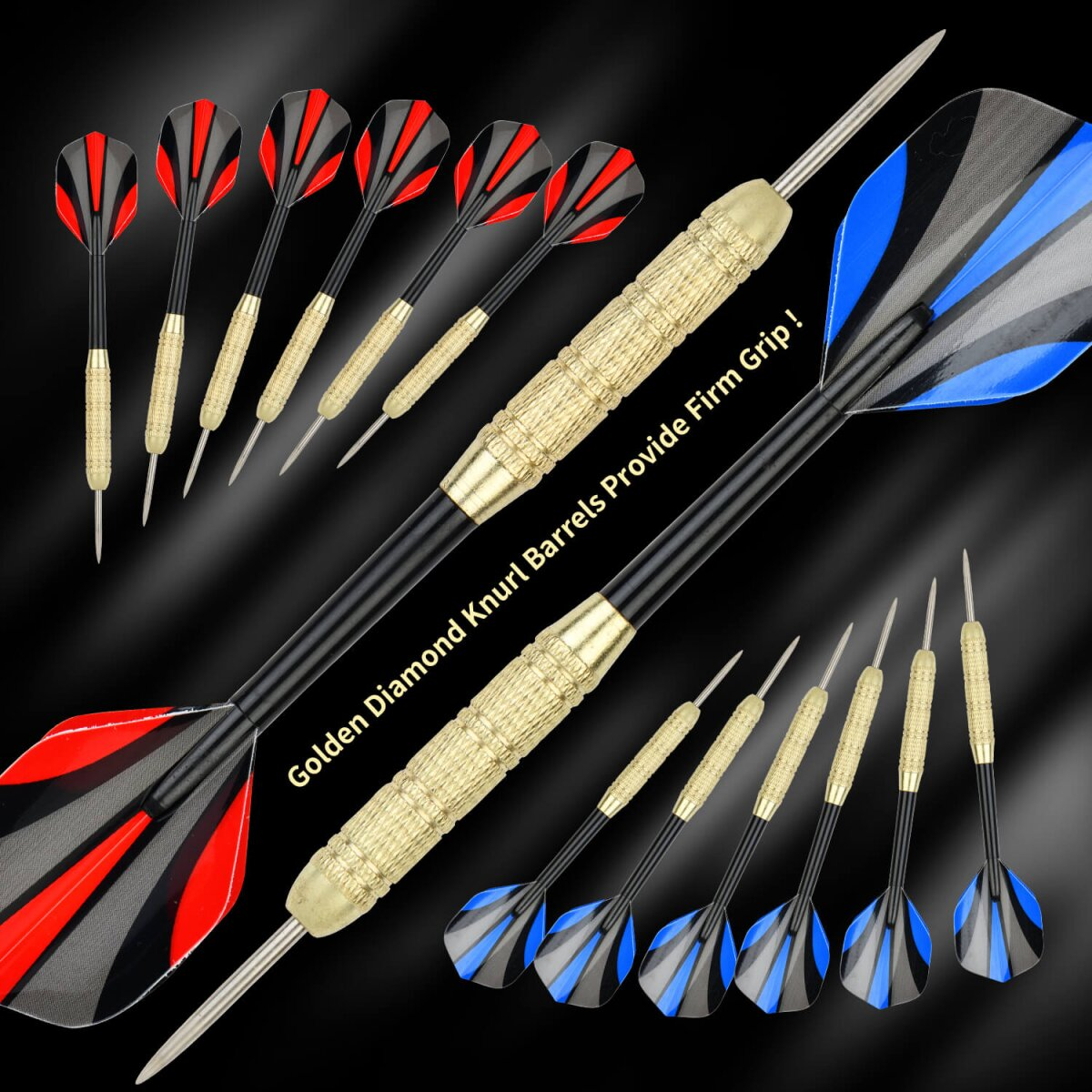 L'image présente des fléchettes avec des tiges noires, des corps dorés et des plumes rouges/noires ou bleues/noires, sur fond sombre.
