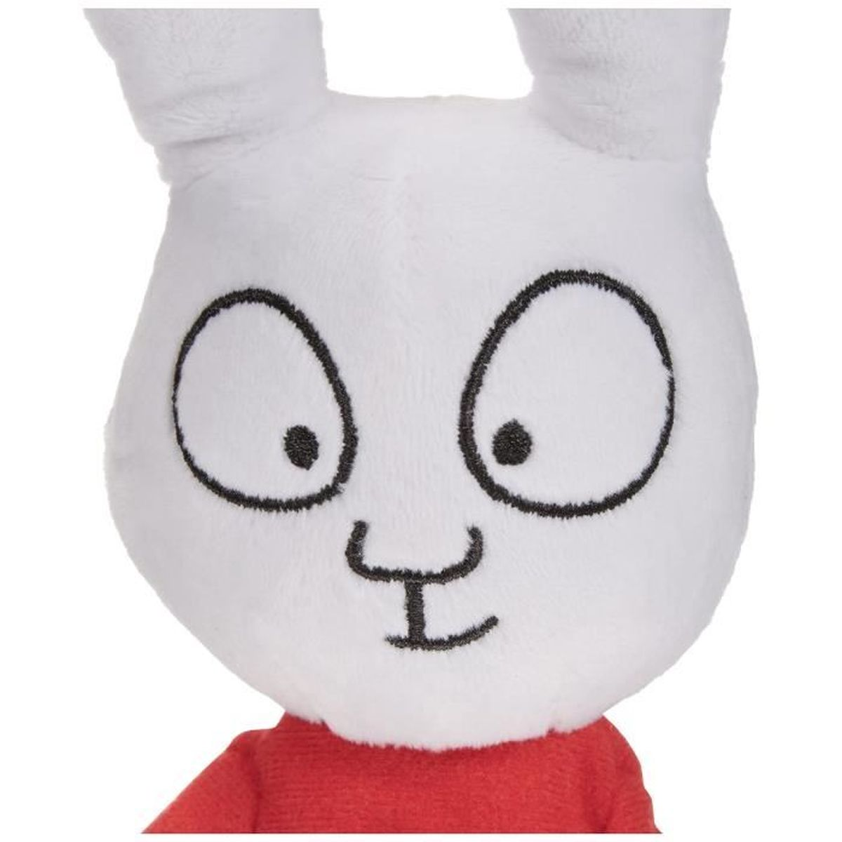 Ein weißer Plüsch-Hasenkopf mit großen Augen, einer kleinen Nase und einem roten Hemd. Die Ohren sind aufrecht.
