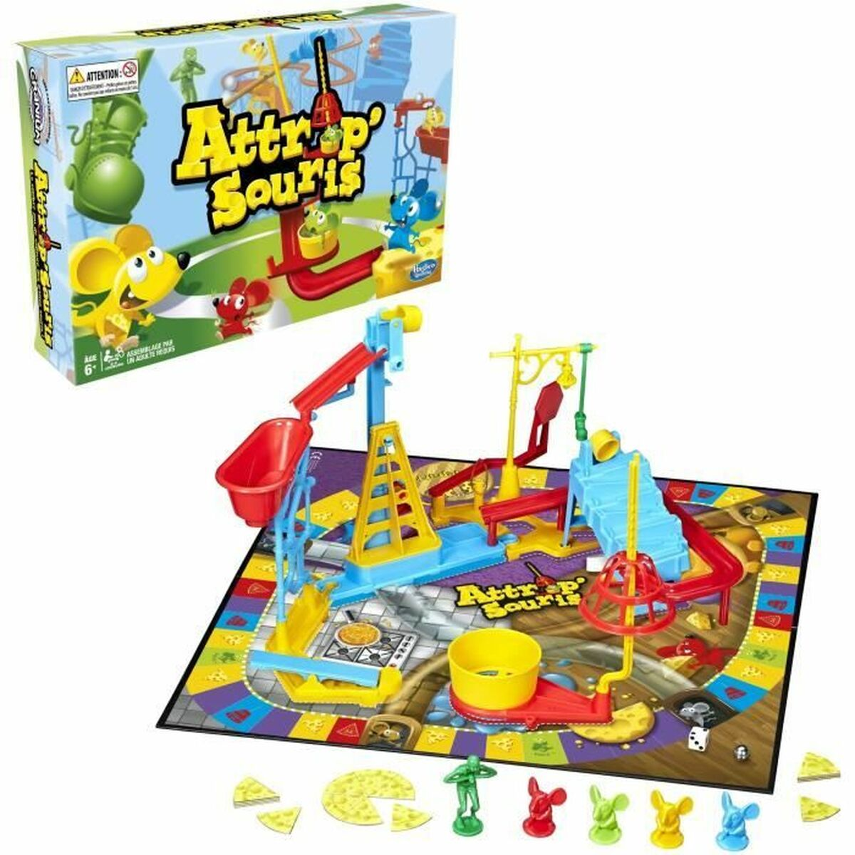 Een bordspel getiteld 'Attrap' Souris' met een complex parcours, spelstukken en doosontwerp met cartoonmuizen en spelelementen.