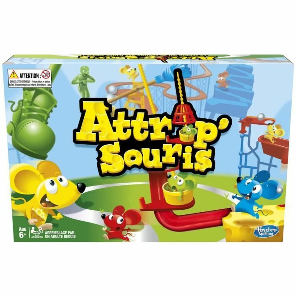 Box art voor 'Attrap' Souris' spel. Bevat cartoonmuizen, een val en kleurrijke spelelementen tegen een lichtblauwe achtergrond.