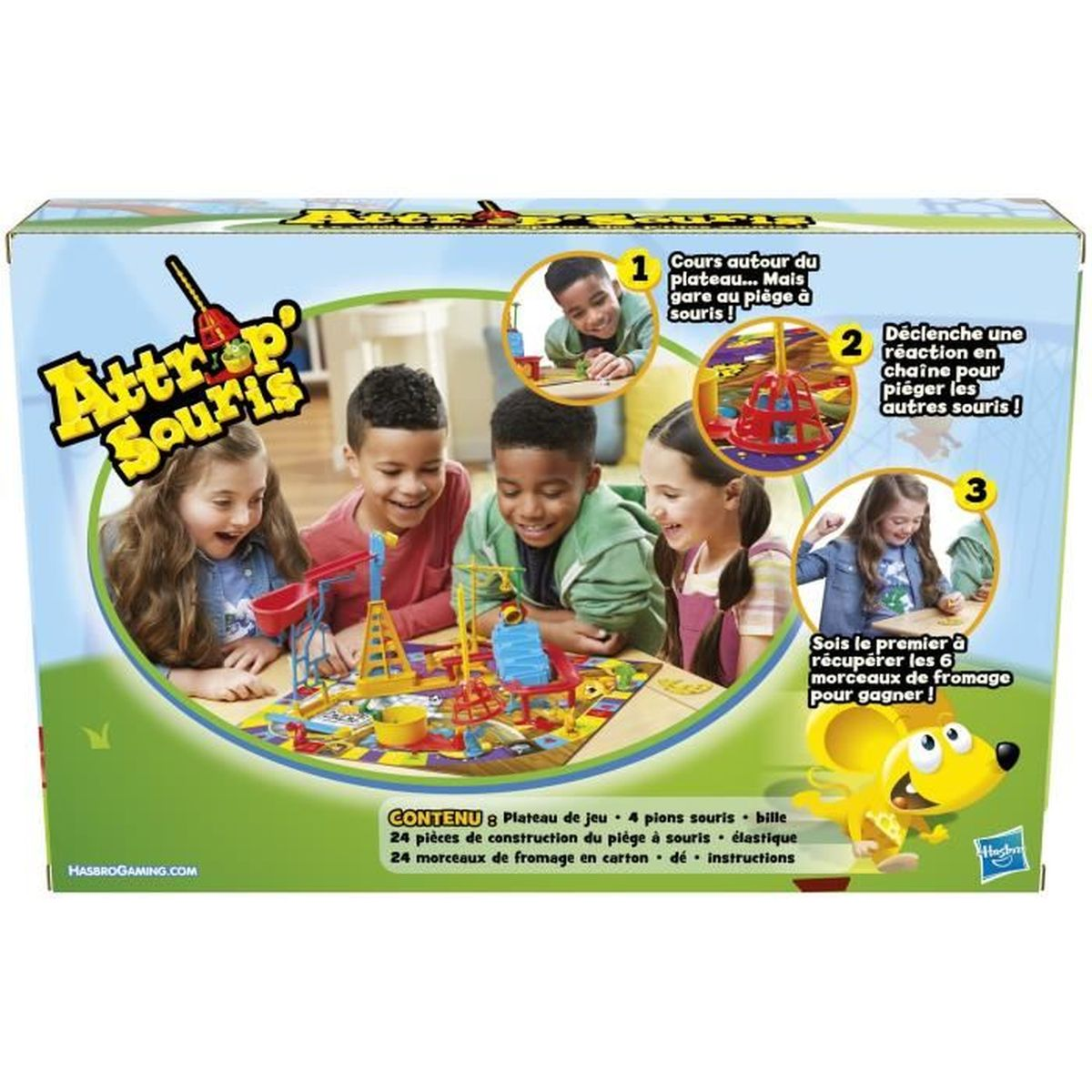 Doos van een bordspel 'Attrap' Souris', met spelende kinderen. Het toont het bord en de instructies, met een cartoonmuis.