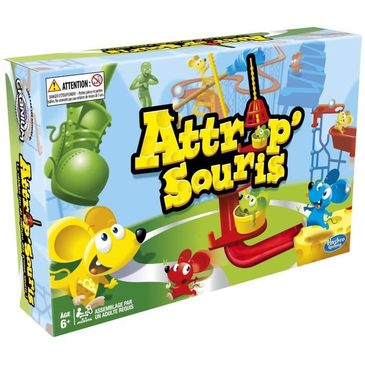 De doos van het bordspel 'Attrap' Souris' toont tekenfilmmuizen, de naam van het spel en een groene schoen.