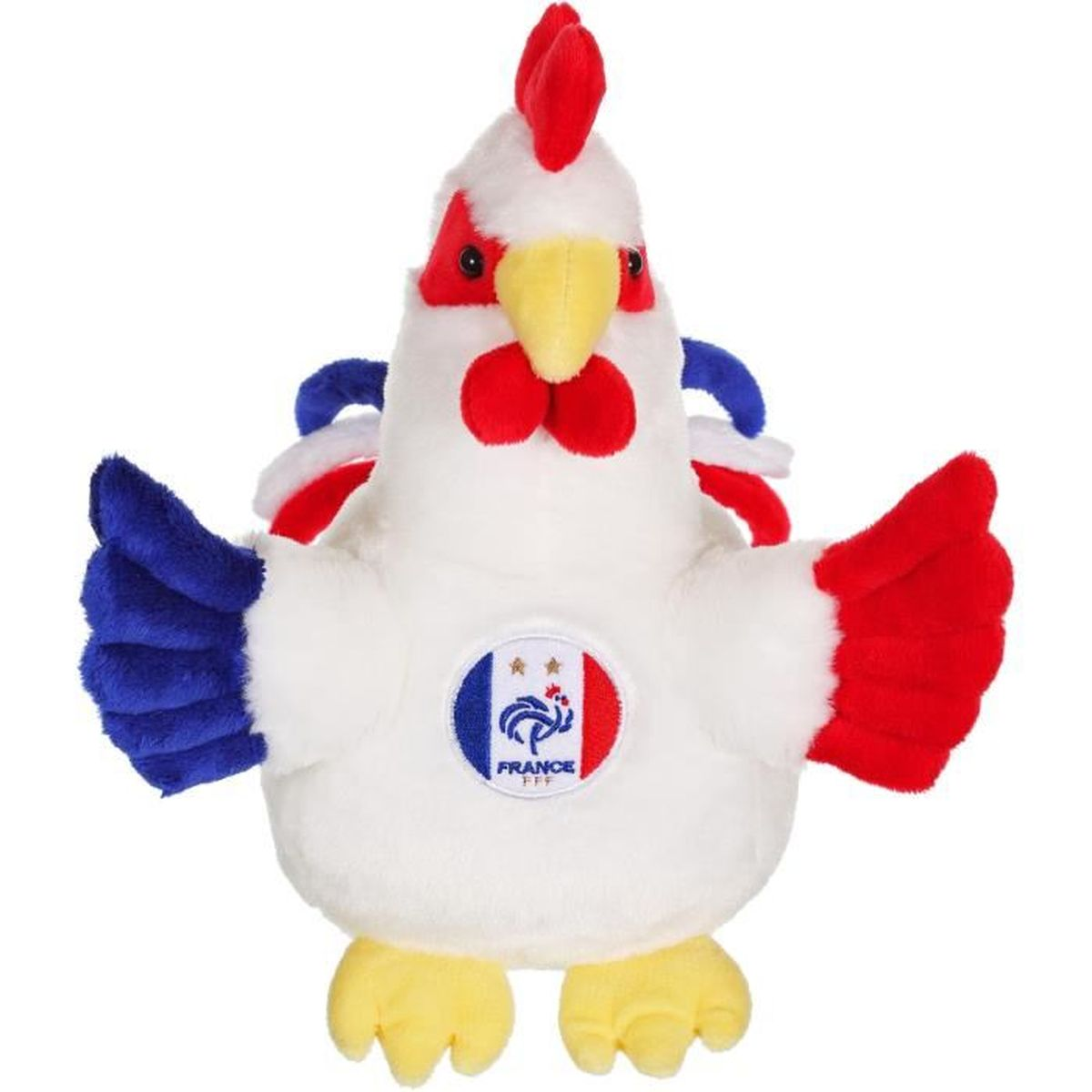 Ein weißes Plüsch-Huhn mit rotem Kamm, blau-roten Flügeln, gelbem Schnabel und einem Frankreich-Logo auf der Brust.