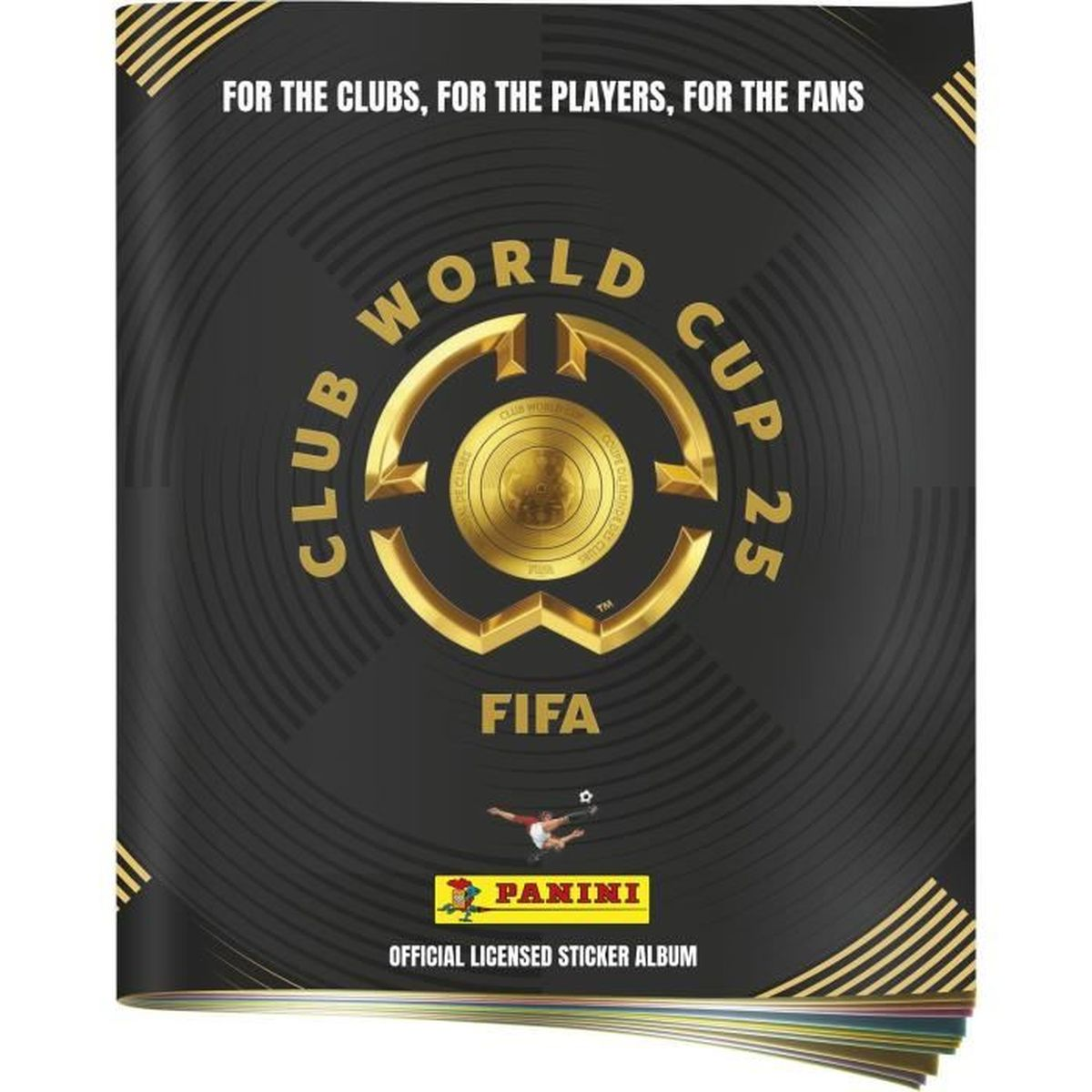 L'immagine è una copertina di album di adesivi con elementi oro e neri. Presenta il logo della Coppa del Mondo FIFA e il logo Panini.