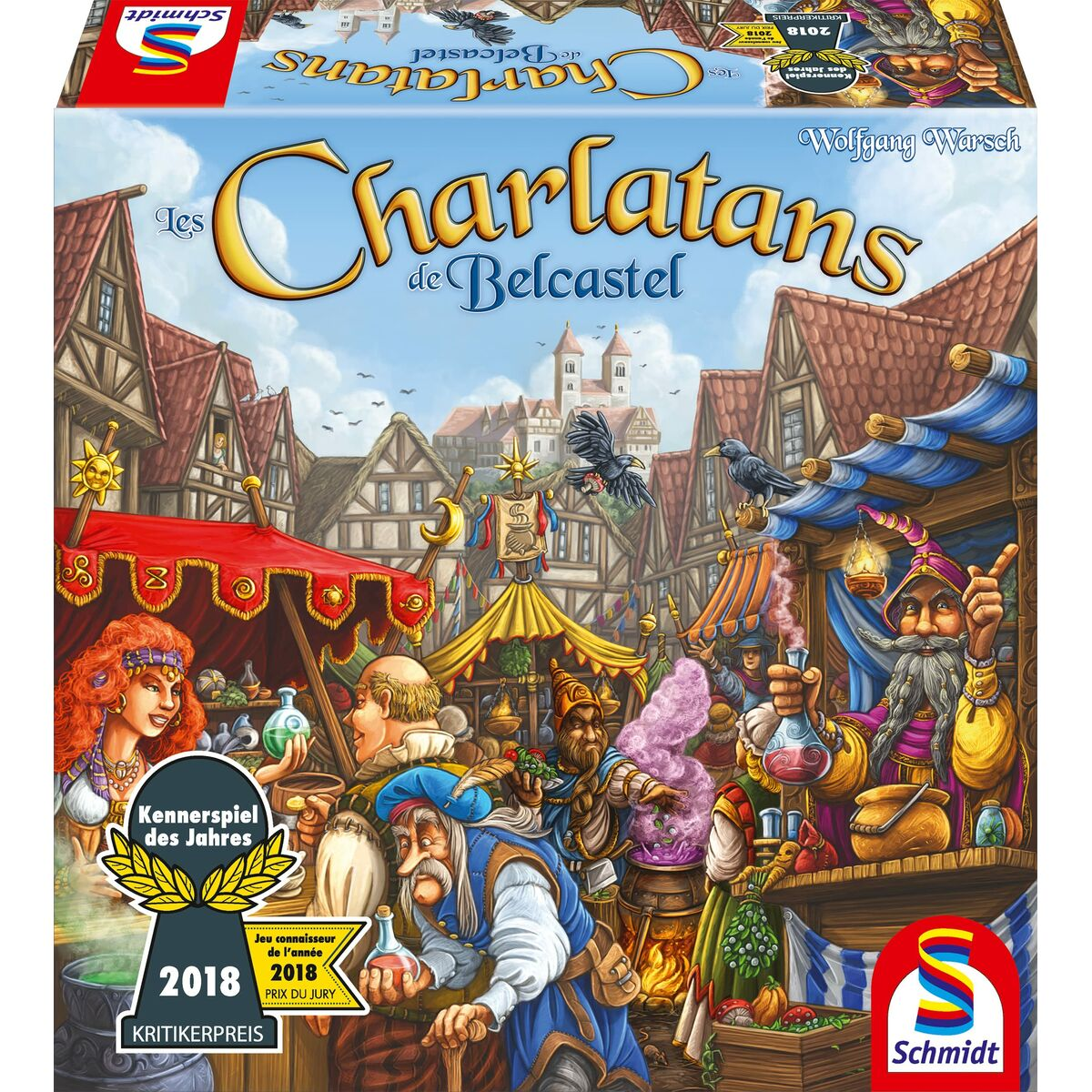 Illustratie van de speldoos. Titel: Les Charlatans de Belcastel. De scène toont een middeleeuwse markt met drankjesmakers en prijzen.