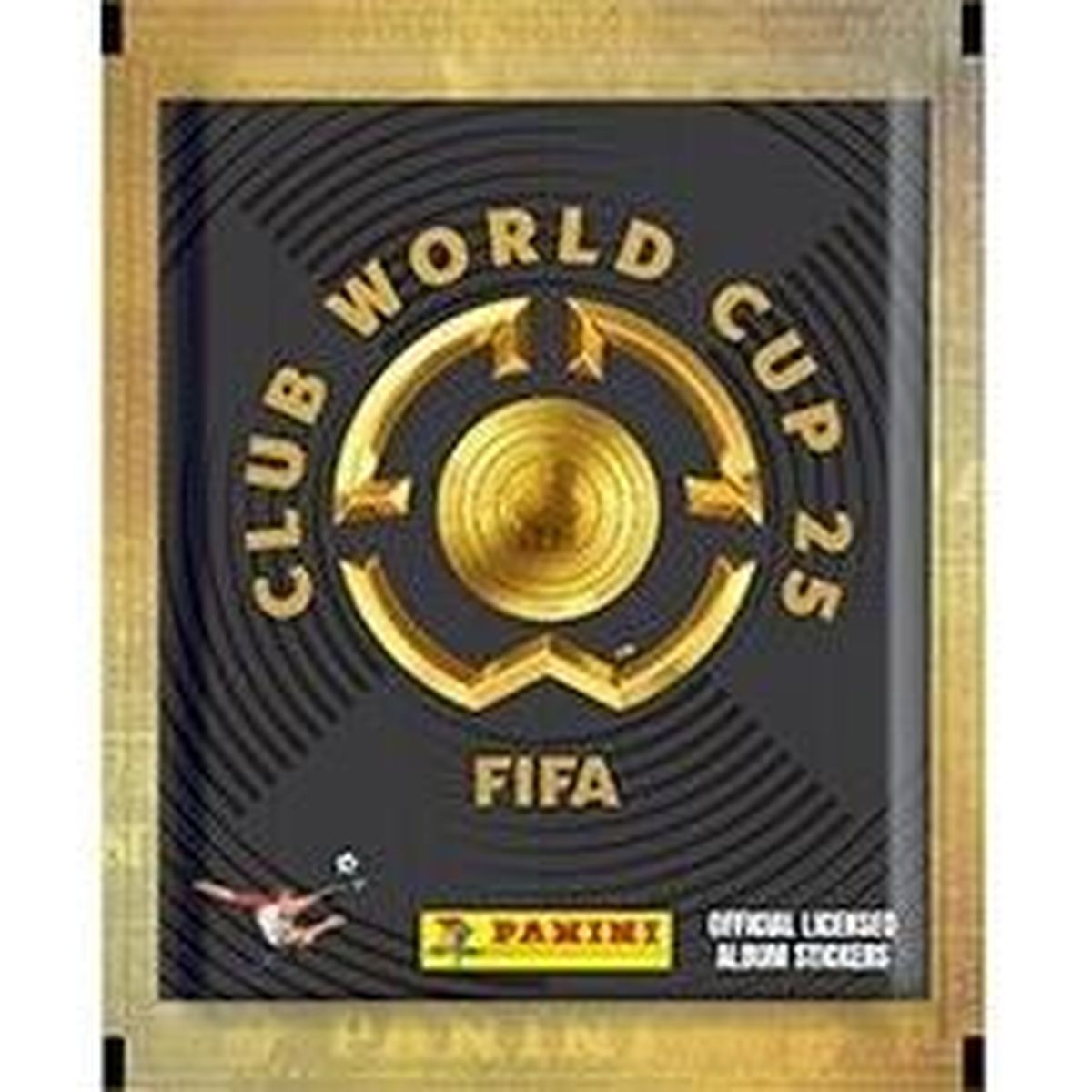 Un adesivo Panini. Ha 'Club World Cup 25 FIFA' in oro su sfondo nero. Include un'immagine di un calciatore.