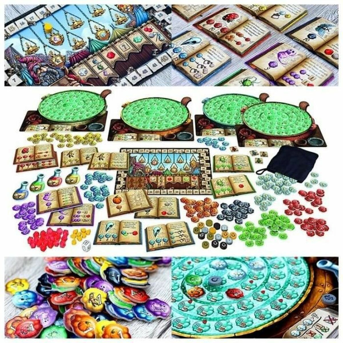 Onderdelen van een bordspel: spelborden, boeken, fiches, drankflessen, dobbelstenen en ketels. Verschillende kleuren en vormen worden weergegeven.