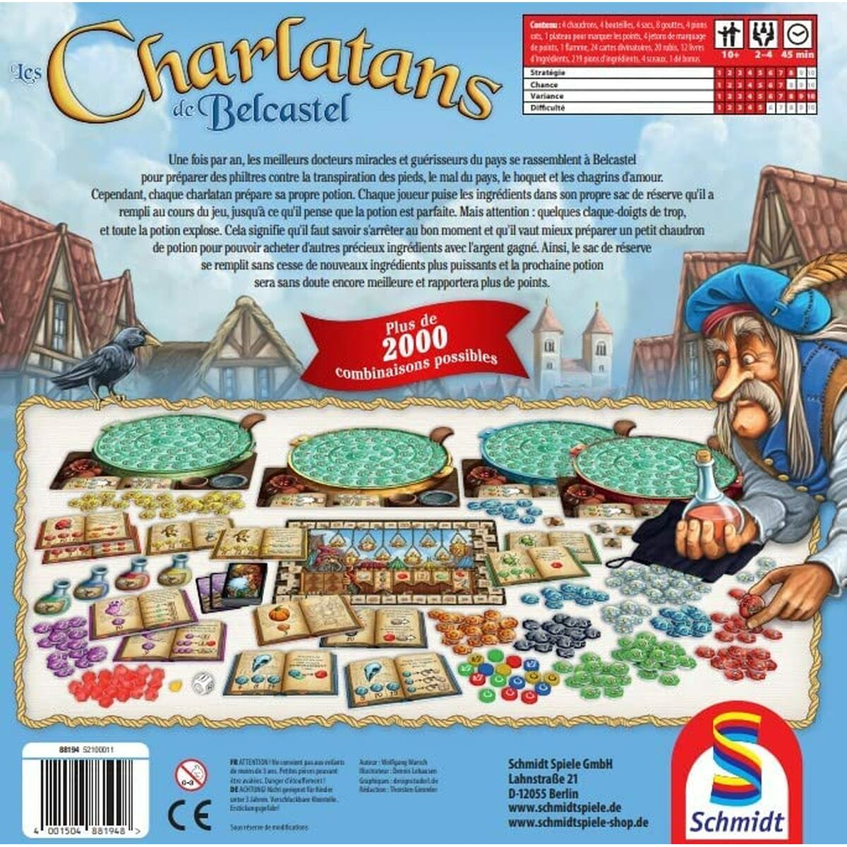Bordspeldoos, titel 'Charlatans of Belcastel', toont karakters, ingrediënten en spelonderdelen.