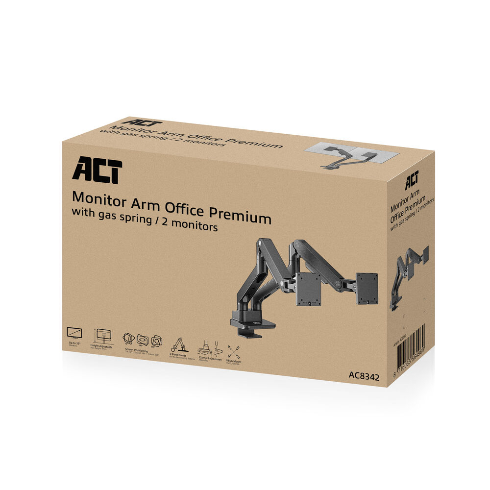 Une boîte avec le nom du produit 'Monitor Arm Office Premium'. Elle montre un bras de moniteur et du texte indiquant qu'il fonctionne avec 2 moniteurs.